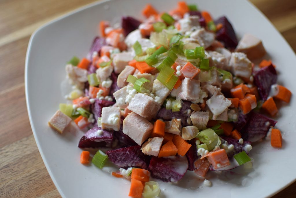 Beet, Carrot and Turkey Salad with the Quickest Goat Cheese Dressing Ever! 